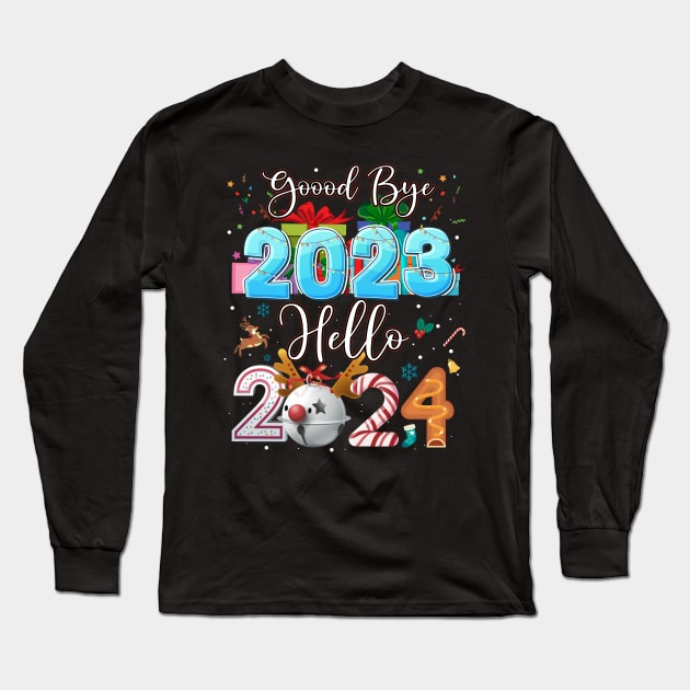 Goodbye 2023 Hello 2024 Christmas Xmas Happy New Year's Eve Long Sleeve T-Shirt by GLOBAL TECHNO